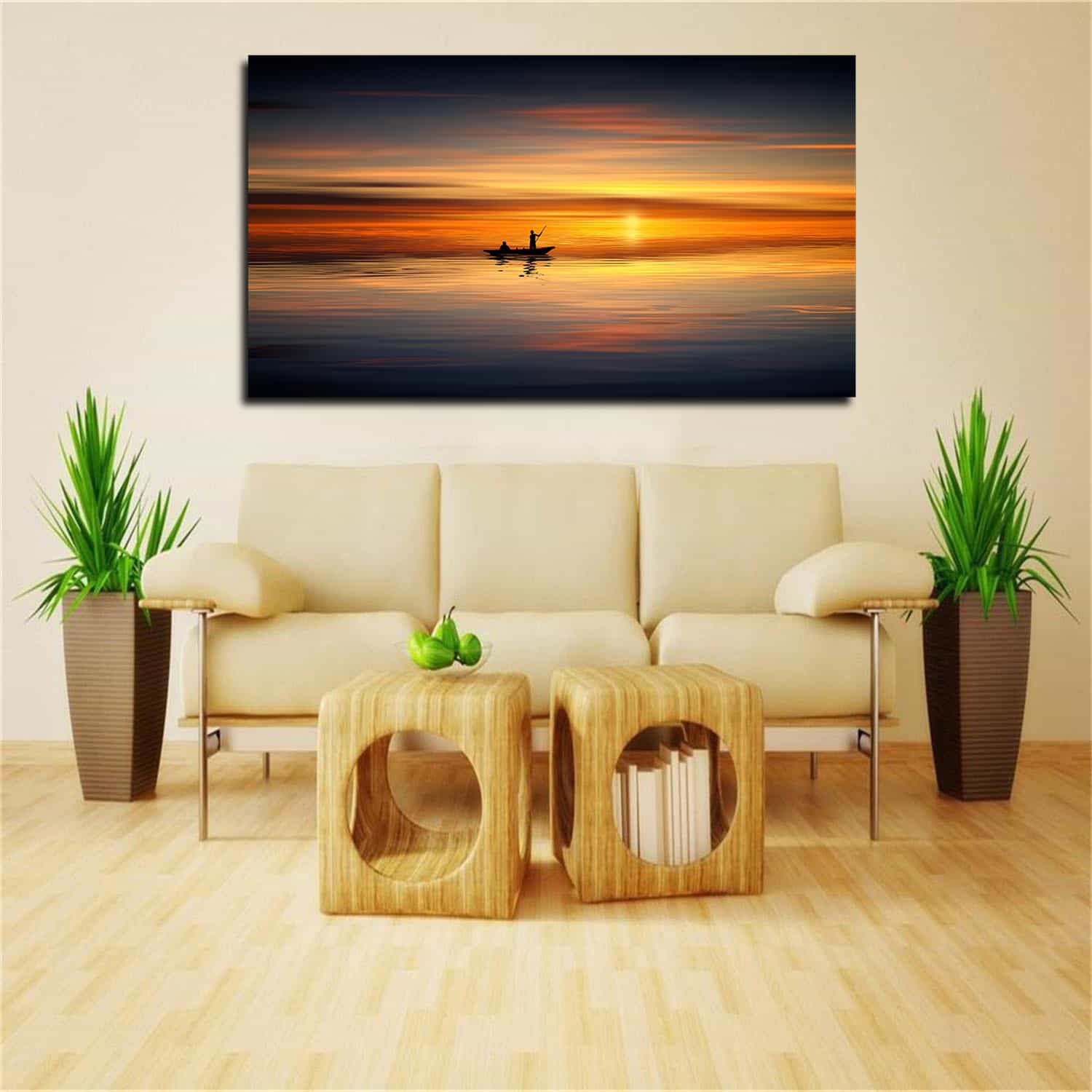 Boat Ocean Sunset Landscape Canvas Art