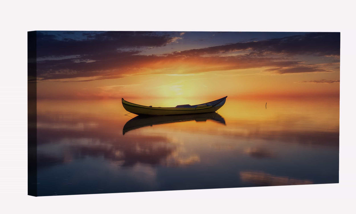 Lake Sunset Reflection Boat Canvas Art
